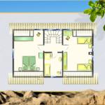 Übersichtsplan einer Wohnung mit zwei Schlafzimmern, Bad und Küche.