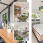 Terrasse mit Tisch, Wohnzimmer mit Sofa und Fernseher, Schlafzimmer mit Bett und grüner Wand.