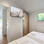 Schlafzimmer mit Bett, TV und Fenster. Durchgang zur Wohnfläche.