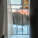 Durch das Fenster ist ein verschneiter Wald bei Sonnenuntergang zu sehen.