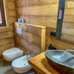 Badezimmer mit Holzwänden, Steinwaschbecken und Toilette