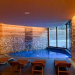 Innere Schwimmpoolanlage mit Holzwand und Steinmauer, Sonnenliegen und großem Fenster.