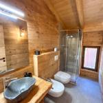 Bad mit Dusche, Waschbecken und Toilette in Holzoptik.