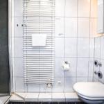 Badezimmer mit Dusche, Toilette und Heizkörper.