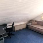 Ein Raum mit Sofa, Schreibtisch und schrägem Dach. Blauer Teppich und Wandbilder.