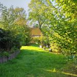 Grüner Gartenweg führt durch Bäume zu einem Haus mit rotem Dach.