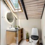 Bathroom with shower, sink and toilet under wooden ceiling with skylight.