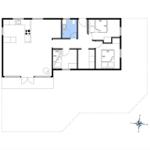 Apartment with kitchen, bathroom, and three bedrooms with beds.