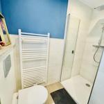 Badezimmer mit Dusche, Toilette und Heizkörper