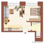 Wohnung mit Schlafzimmer, Küche und Bad. Sitzecke und TV-Anschluss.