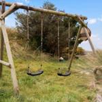 Wooden swing with two seats in the grass