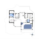 Ground floor plan with bedrooms, kitchen, and pool