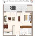 Wohnung mit Schlafzimmer, Küche, Bad und Terrasse.