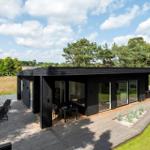 Moderne schwarze Hütte mit Terrasse, Liegen und Blick auf Wiese und Bäume.