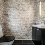 Badezimmer mit Steinwand, Waschbecken und Toilette