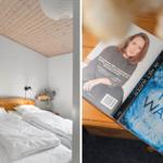Schlafzimmer mit Holzbett und Bücherregal. Ein Buch liegt auf einem Holztisch.