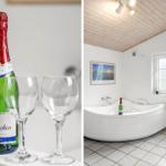 Badezimmer mit Whirlpool und Flasche Rotkäppchen. Holzdecke und Fenster.