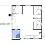 Apartment with two bedrooms, kitchen, and covered terrace.