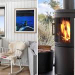 Living room with rocking chair, fireplace, and grass view.