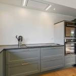 Modern kitchen with gray cabinets, stainless steel appliances, and dark countertop.