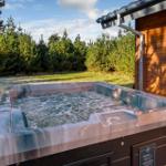 Outdoor hot tub next to wooden house with view of pine trees.