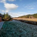 House with wooden facade, frost-covered lawn, and forest in the background.