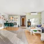 Living and dining area with fireplace, sofa, and dining table