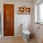 Bathroom with toilet, window, and wooden shelf on the wall.