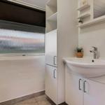 Bathroom with sink, mirror cabinet, and window with textured glass.
