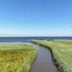 A narrow canal flows through green grass to a lake.