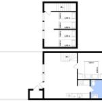 Two-story apartment with four bedrooms and kitchen. Bathroom and toilet on ground floor.