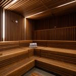 Sauna mit Holzbank und Thermometer an der Wand