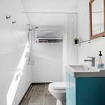 Bathroom with shower, toilet, and sink with mirror