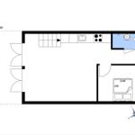 Stueplan zeigt Wohnraum, Küche, Bad und Schlafzimmer mit 2x90 cm Bett.