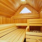 Holzsauna mit mehreren Sitzbänken und Steinmulde. Dachfenster sorgt für Tageslicht.