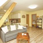 Wohnzimmer mit Sofa, Küchenbereich und Schlafzimmer im Hintergrund.