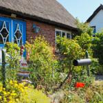 Haus mit strohgedecktem Dach, blauer Tür und grünem Garten mit Blumen.