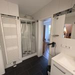 Badezimmer mit Dusche, Waschbecken und Heizung.