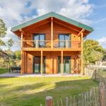 Holzhäuschen mit Balkon, Garten und Hängesessel. Modernes Design mit grünen Akzenten.