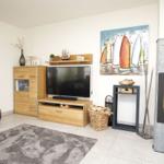 Wohnzimmer mit Fernseher, Kamin und Wandbild mit Segelbooten.