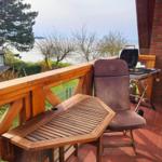 Terrasse mit Holztisch, Stuhl und Grill, Blick auf Wasser und Bäume.