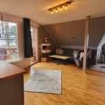 Wohnbereich mit Sofa, Sessel, Kamin und Holzboden. Küche und Terrasse sind sichtbar.