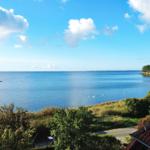 Meeransicht mit Segelboot und Schwänen unter blauem Himmel