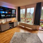 Wohnzimmer mit TV, Holzboden und Balkonansicht.