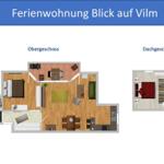 Obergeschoss mit Schlafzimmer, Küche und Bad. Dachgeschoss mit Schlafzimmer.