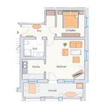 Wohnung mit Schlafzimmer, Küche, Bad und Veranda. Wohnen und Schlafen sind getrennt.