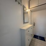 Eingangsbereich mit Schuhschrank, Spiegel und Tür mit Ankermatte.