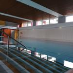 Großer Innenpool mit Glasgeländer und Holzdecke.