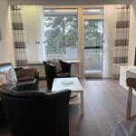 Wohnzimmer mit Ledersofa, Sessel und TV. Balkon mit Blick auf Bäume.