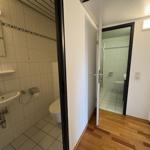 Badezimmer mit Waschbecken, Spiegel und Toilette. Durchgang zur Dusche mit WC.